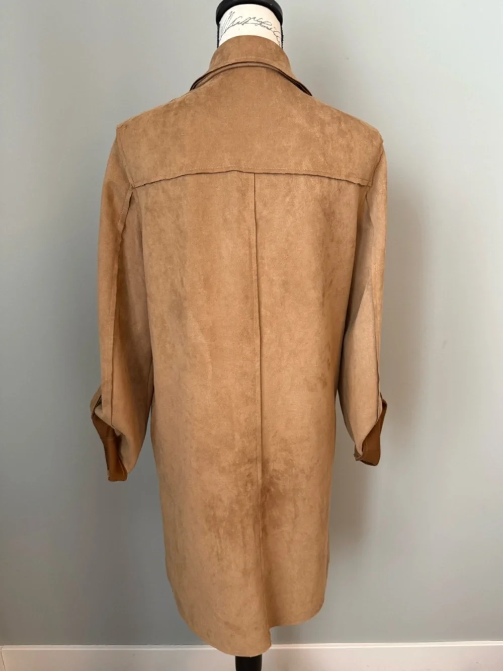 Tahari Faux Suede Trench Coat Tan Open Front Duster Jacket Minimalist Chic - Picture 2 of 7